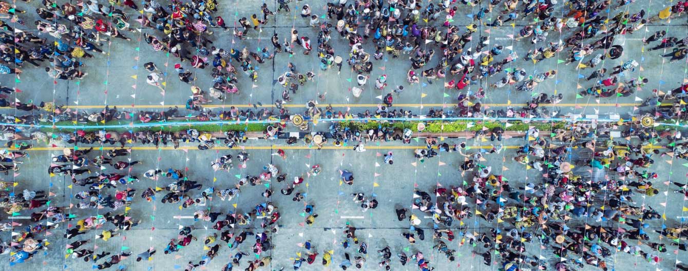 Aerial shot over a busy street.