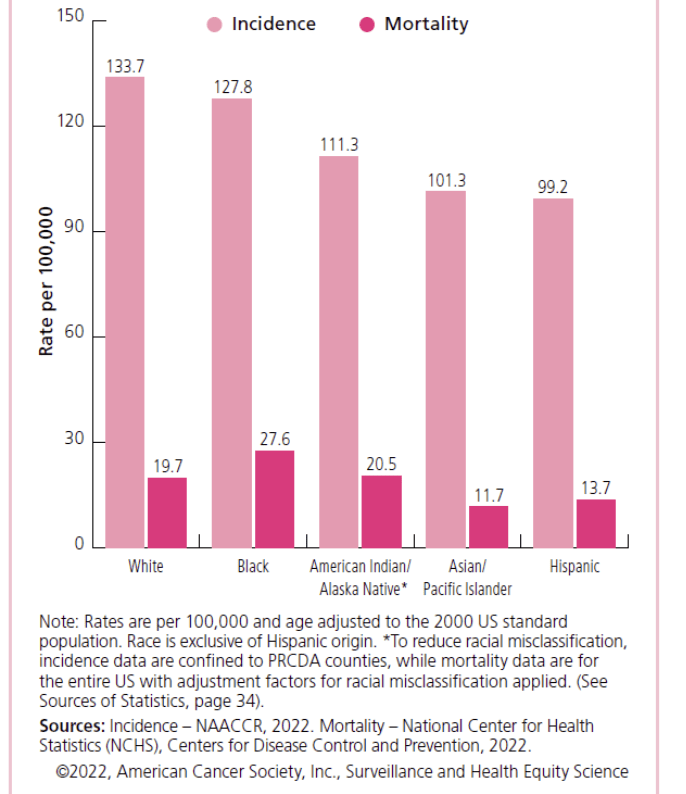 A bar graph showing the Female Breast Cancer Incidence (2015–2019) and Death (2016–19) Rates by Ethnicity, US