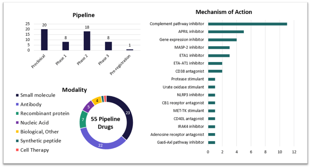 Compilation of bar graphs and pie chart for the pipeline and landscape