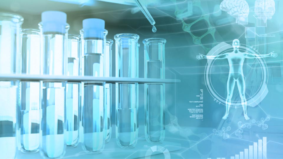 Collage of test tubes and holographic charts and 3D models.