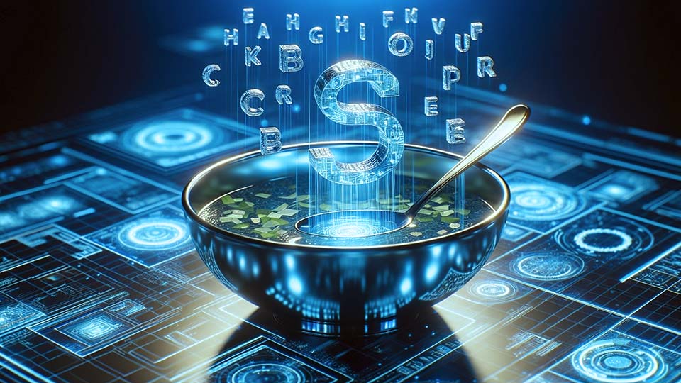 Futuristic glowing soup bowl with digital letters and holographic elements floating above a circuit board surface.