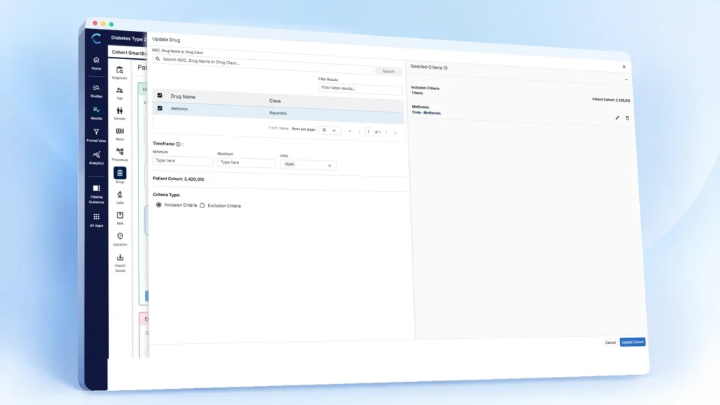 Dashboard preview of the various filters available for editing criterias.