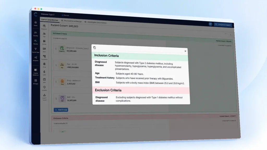 Cohort SmartBuilder preview screen showing final results of the inclusion and exclusion criterias.