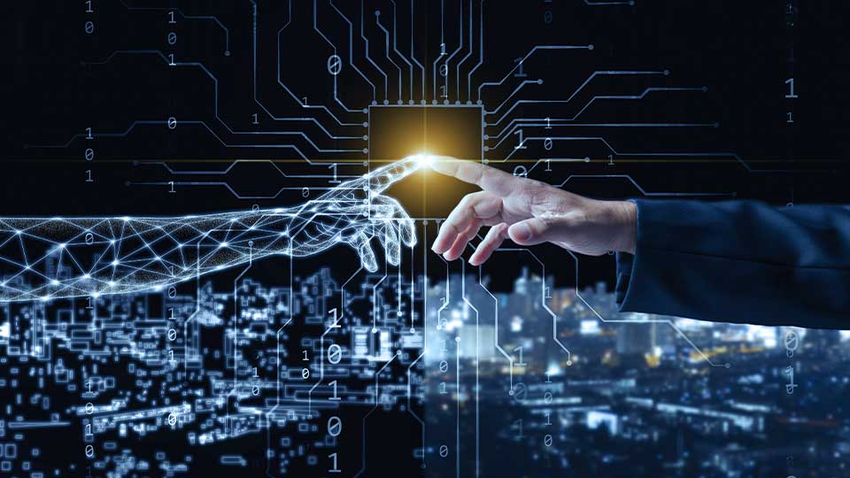 Virtual and human hand touching in the middle signifying the collaboration between AI and humans.