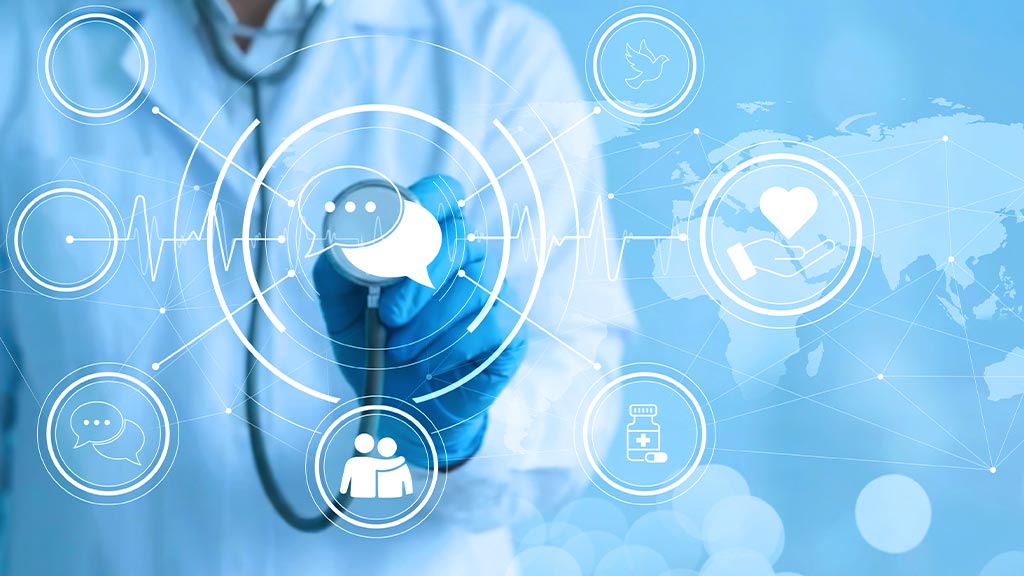 Doctor using a digital tablet with healthcare icons, communication symbols, and a global network overlay.