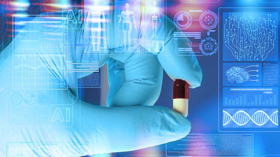 Hand with a sterile glove holding a generic pill with holographic charts and visuals.