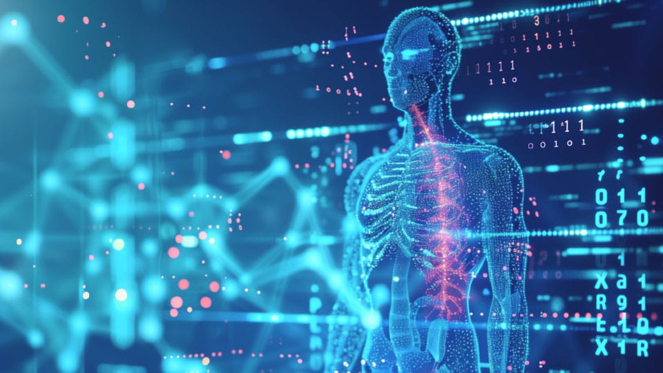 Futuristic digital human anatomy model surrounded by glowing data streams, binary code, and blue-pink holographic graphics.