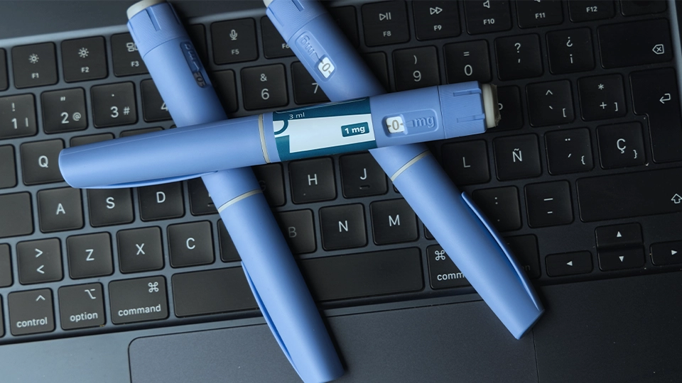 Generic obesity medication on top of a computer keyboard.