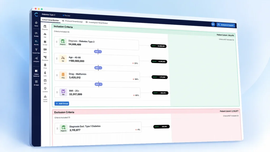 SmartSolutions dashboard showing inclusion and exclusion criteria.
