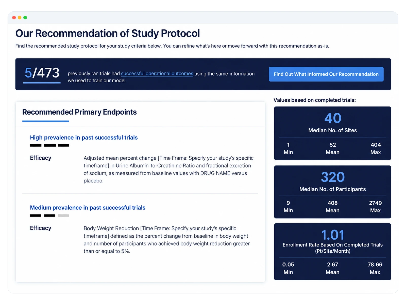 Product dashboard showing recommendations from an example study protocol.