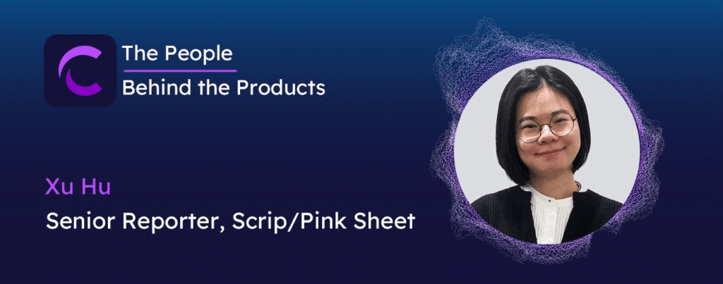 Banner featuring a headshot of Xu Hu, Senior Reporter for Scrip and Pink Sheet.