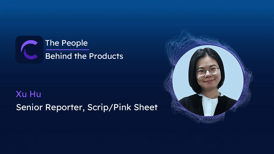 Banner featuring a headshot of Xu Hu, Senior Reporter for Scrip and Pink Sheet.