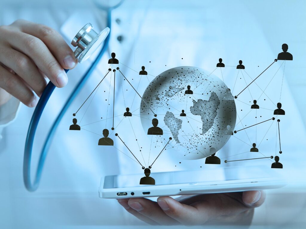 Doctor holding a stethoscope and tablet displaying a connected globe with global healthcare network icons.