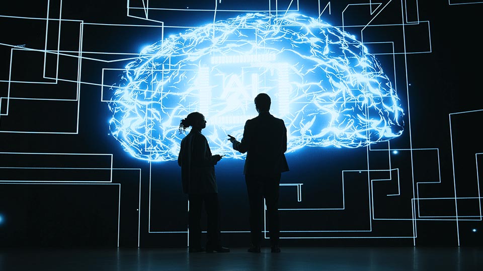 Silhouettes of two people standing in front of a large, glowing blue digital projection of a brain embedded in a network of circuit lines.