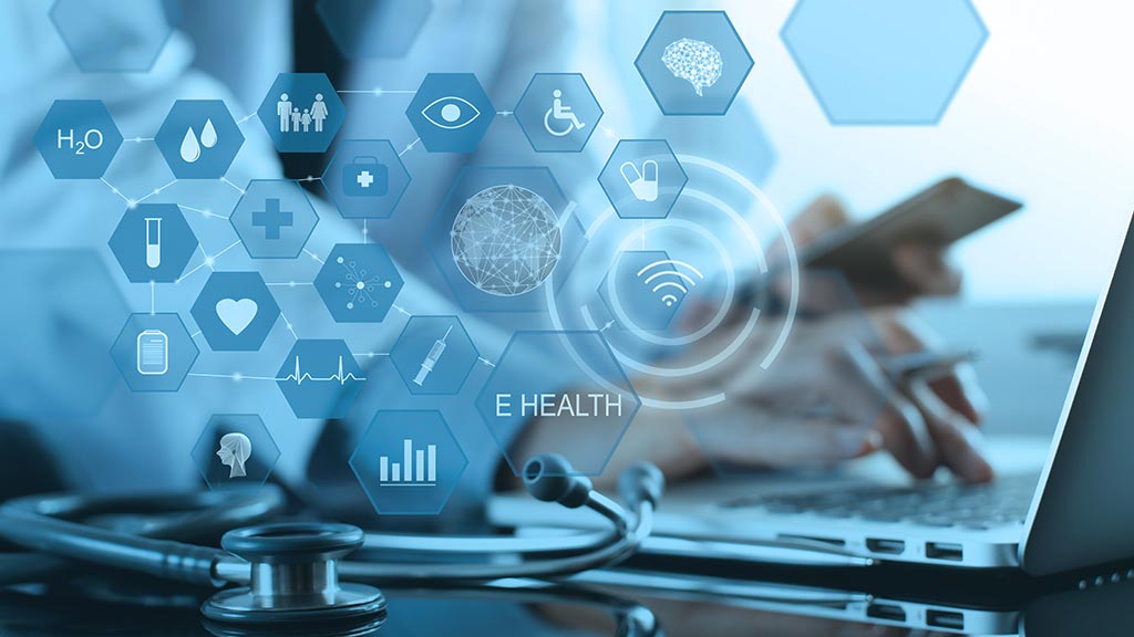 Blue-toned e-health graphic overlays medical icons and a glowing digital interface on a doctor using a laptop with a stethoscope nearby, suggesting modern, connected healthcare.