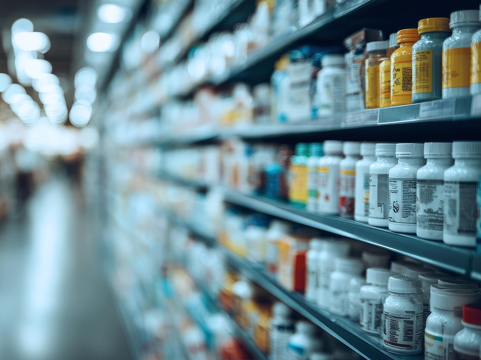 A brightly lit pharmacy or supplement aisle stretches into soft focus, with rows of bottles and jars on shelves; cool tones create a calm, clinical feel.