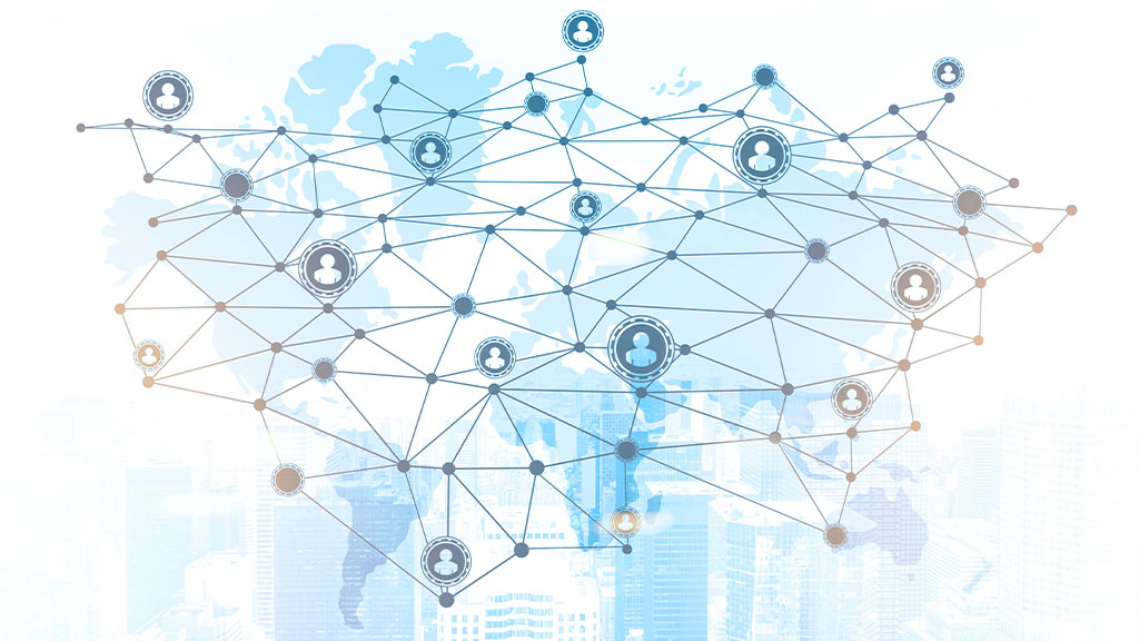 Digital network of connected nodes and user icons over a world map and city skyline.