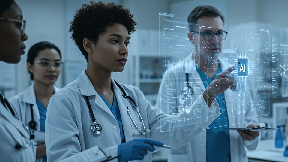 Healthcare team in a lab examines a holographic AI interface displaying healthcare data and imaging.