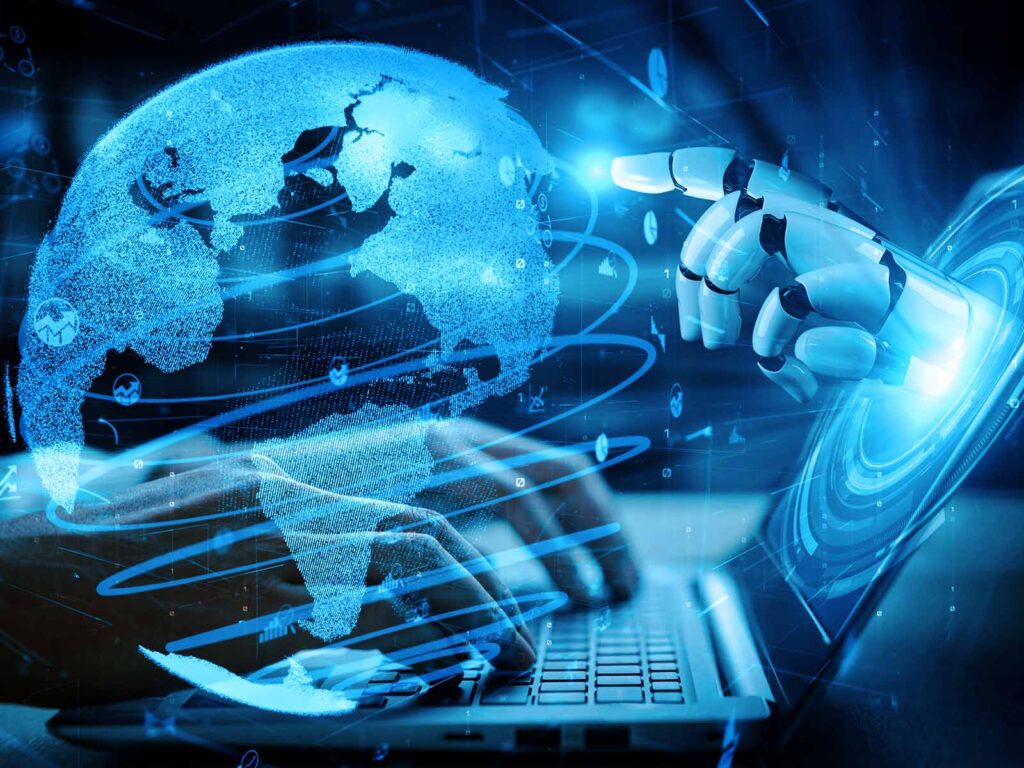 A glowing digital Earth, swirling data lines, and a robotic hand hover above a laptop in blue light, evoking an innovative, high-tech future.