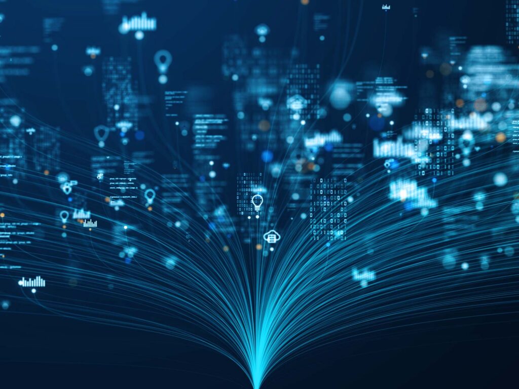 Abstract blue digital network with flowing data lines, binary code, charts, and technology icons.
