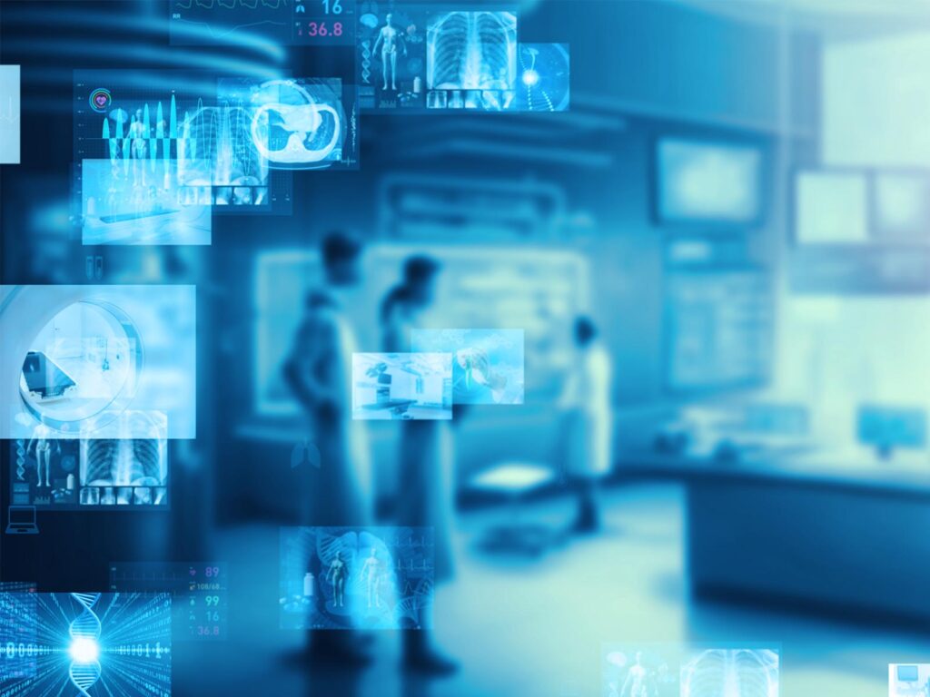 Clinicians examine glowing holographic medical scans in a futuristic blue-lit lab, evoking innovation, precision, and a calm high-tech atmosphere.