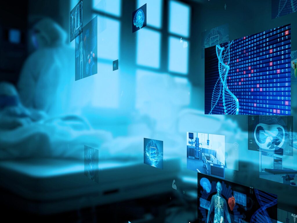 A patient lies in a hospital bed amid floating blue medical displays showing DNA, scans, and health data, creating a futuristic, clinical mood.