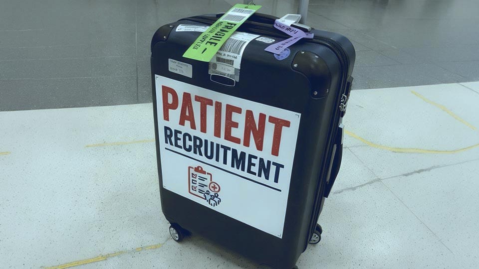 Black suitcase labeled “PATIENT RECRUITMENT,” covered in travel tags, standing on an airport floor.
