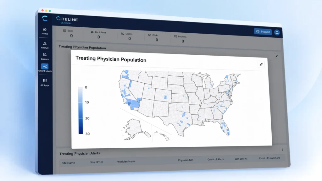 Dashboard featuring a map of the United States with treating physician locations highlighted.
