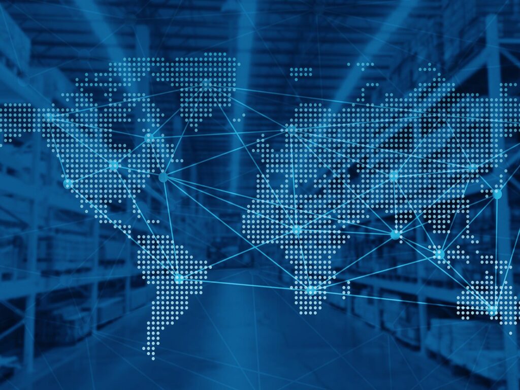 Blue digital world map made of dots, connected by glowing network lines over a server room background.