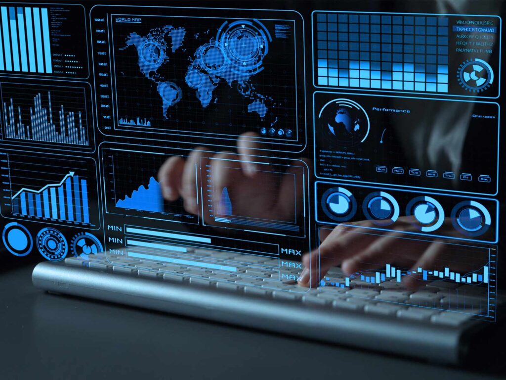 Hands interacting with a futuristic blue digital dashboard displaying a world map, charts, graphs, and data visualizations.