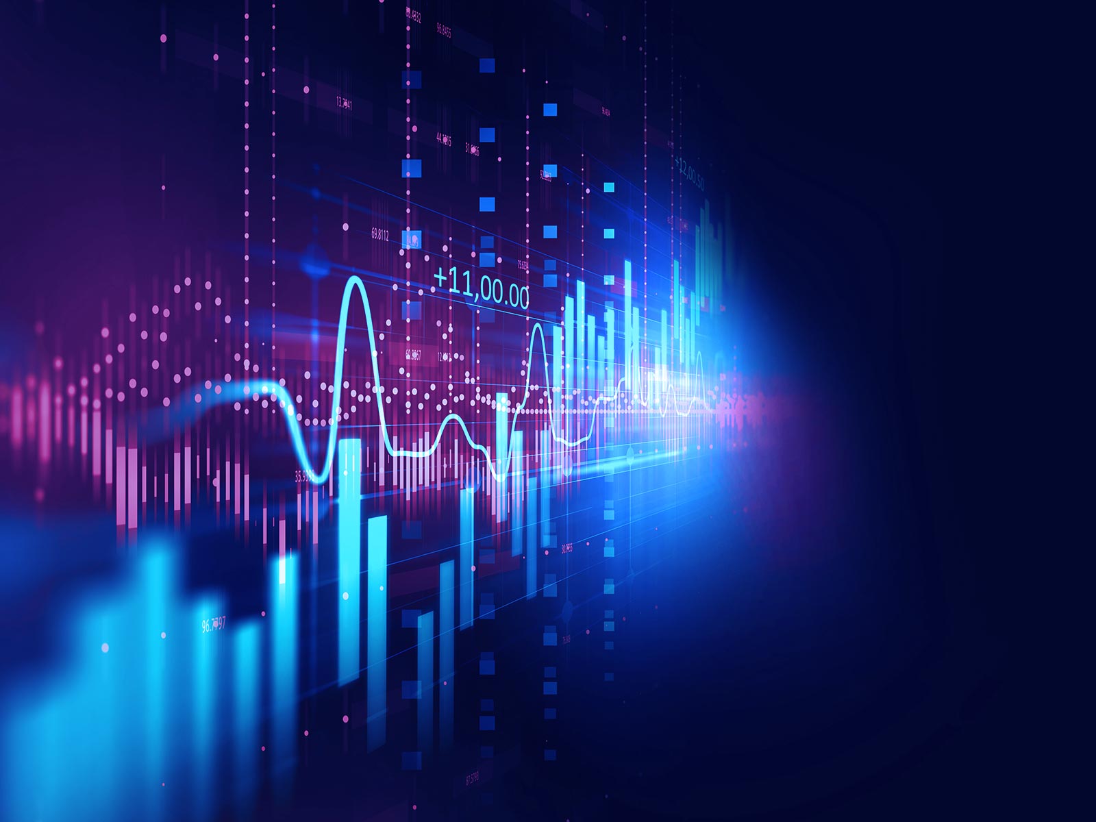 Abstract neon financial market graphic with glowing candlestick bars, fluctuating line chart, data points, and numerical overlays on a dark blue background.