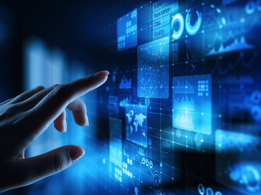 A hand interacting with a digital interface against a blue background.