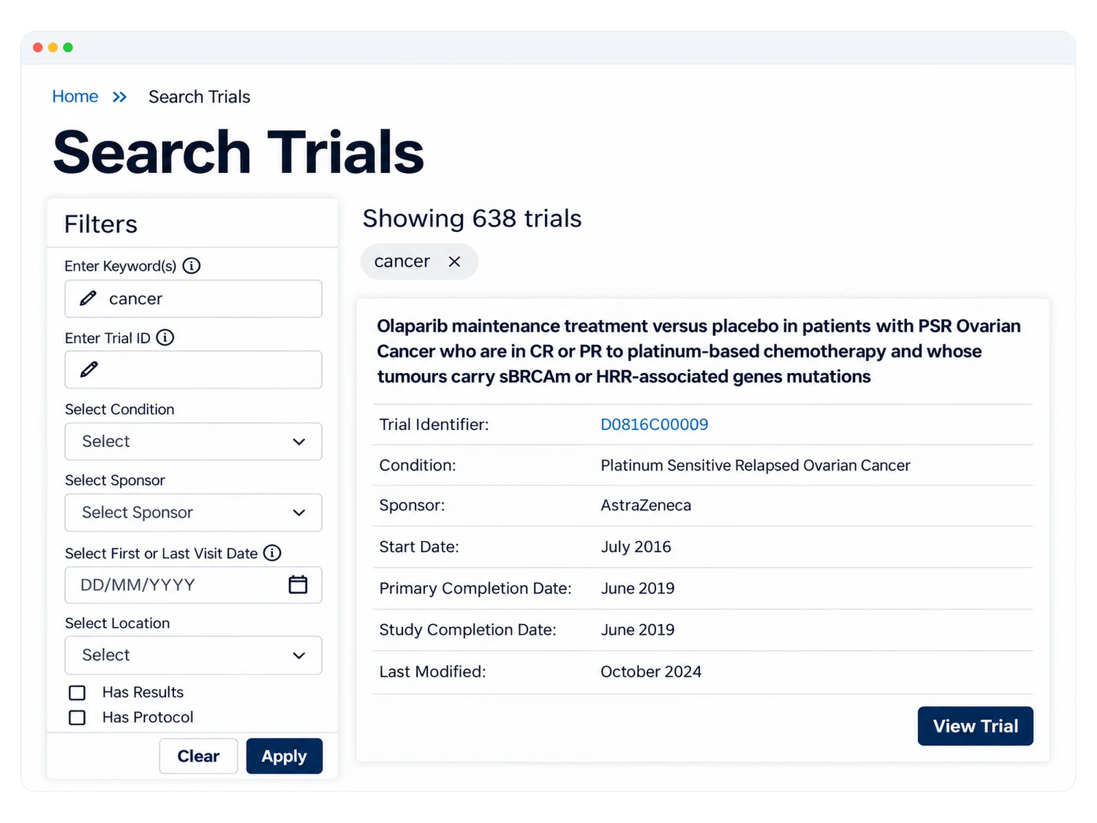 Preview of the Trial Summaries dashboard showing various search filters.