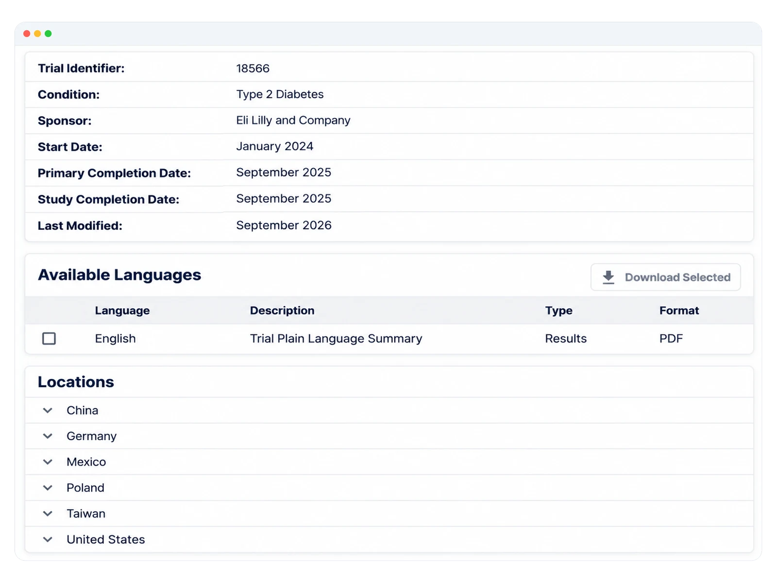 A centralized dashboard view of an example clinical trial within Trial Summaries.
