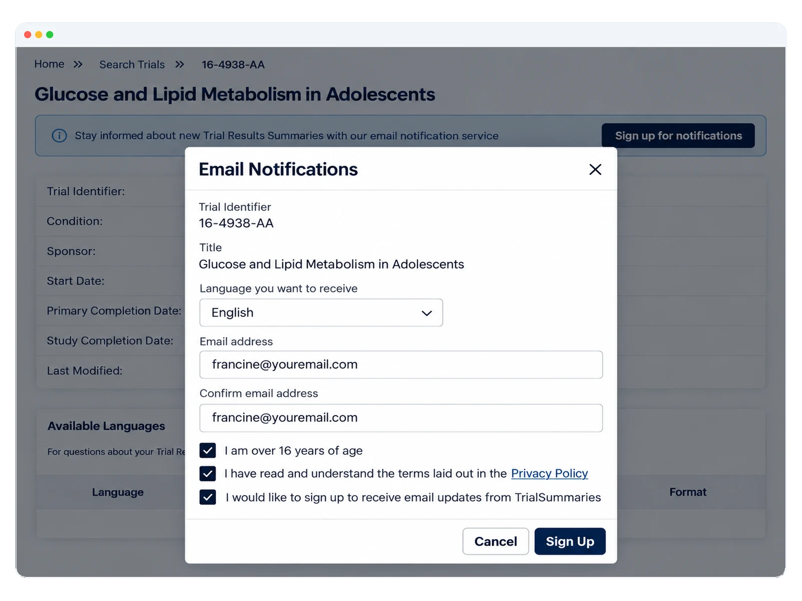 Alert notification form available within Trial Summaries that allows users to get notified by email when there are trial results updates.