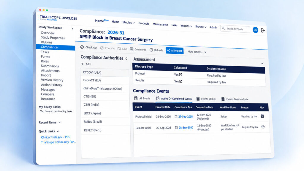 Example of the compliance dashboard within TrialScope Disclose.