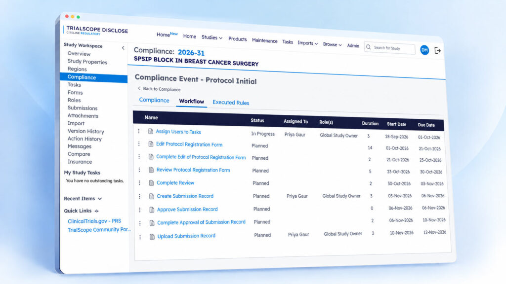 Example of the compliance workflow dashboard within TrialScope Disclose.