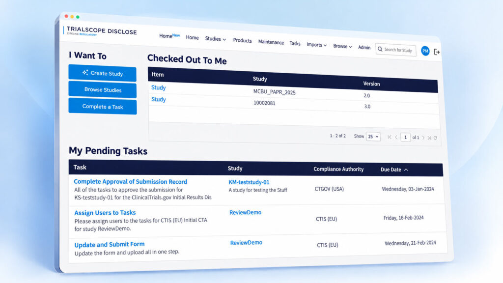Dashboard showing current regulatory tasks assigned within TrialScope Disclose.