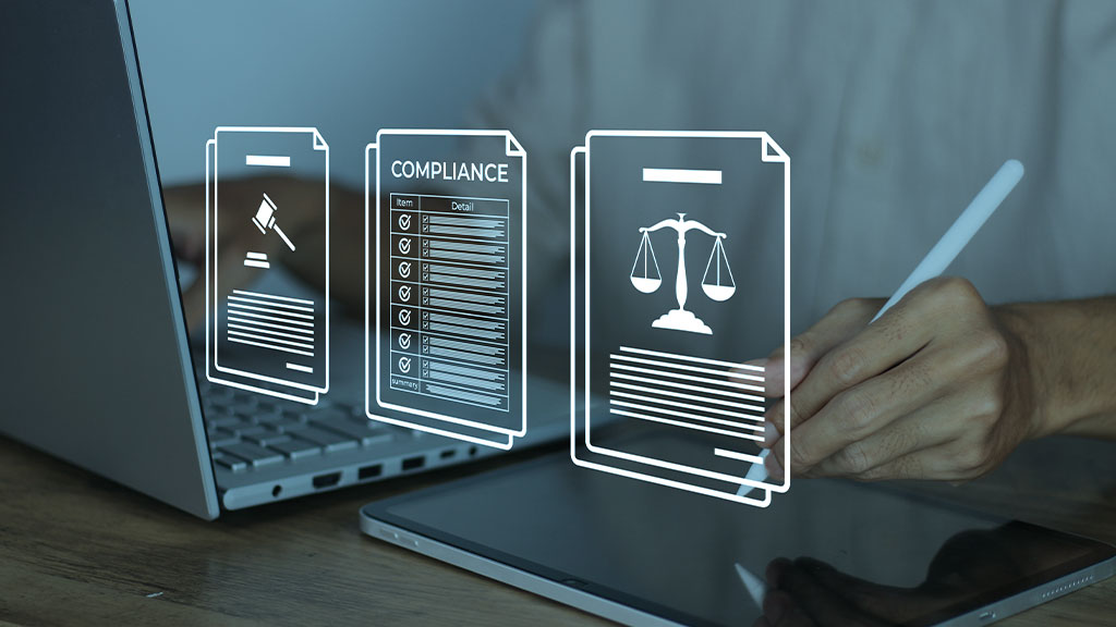 Digital illustration of legal documents, a compliance checklist, and scales of justice over a laptop and tablet.