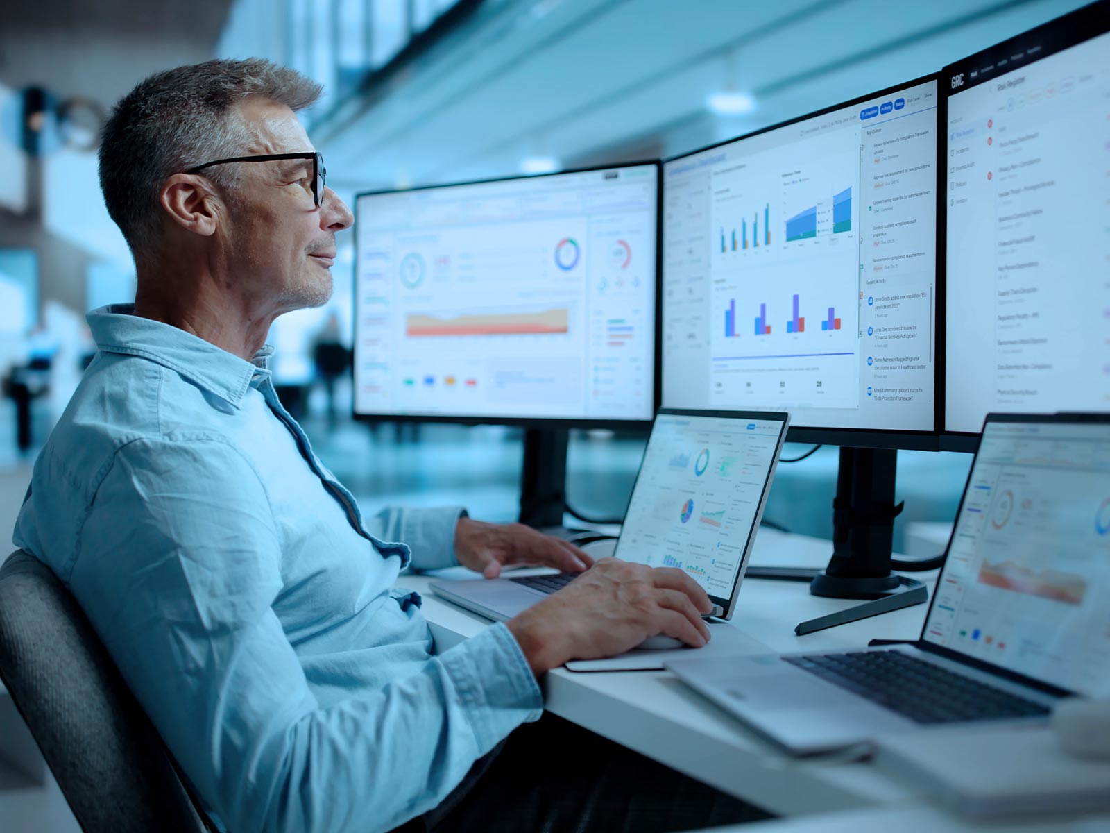 Man working at a desk with a laptop and multiple monitors displaying business analytics dashboards.
